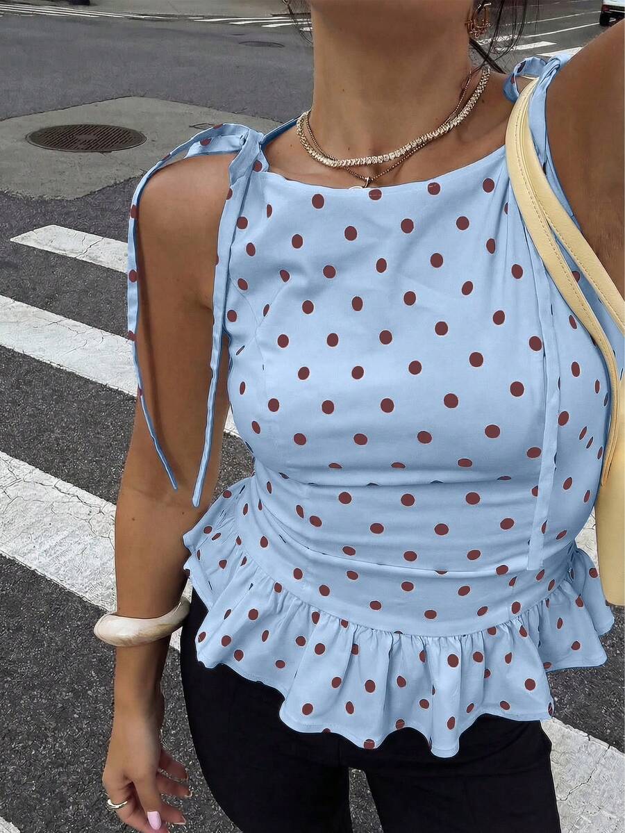 New Arrival Elegant & Fashionable Sleeveless Women Polka Dot Ruffle Hem Casual Blouse, Suitable For Daily, Commuting, Sexy Date, All Seasons Summer - Sky Blue - View 1
