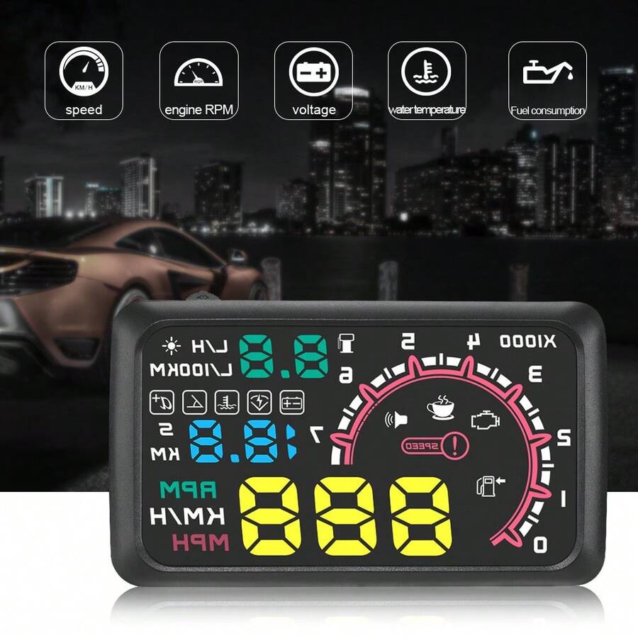 车载抬头显示器 OBD 测试仪 OBD2 HUD 车速表挡风玻璃投影仪汽车仪表盘速度显示系统升级汽车配件，不含电池 - 黑色 - 查看 1