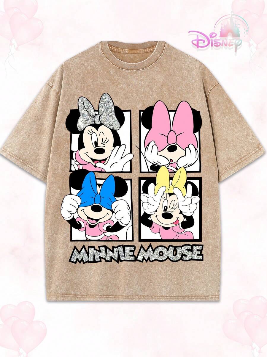 Disneyland 100 Percent Cotton, Four-Panel Cutie Tee – Adorable Cartoon Girl With Colorful Bows & Playful Expressions |  Graphic T-Shirt For Women |  Kawaii Streetwear Top, Made Of 100% Cotton High-Quality Fabric, Fine Needle Carding, Relaxed And Comfortable, Suitable For Both Men And Women, Suitable For Young Street Hipsters. - Coffee Brown - View 1