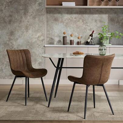 Juego de 2 sillas de comedor modernas de piel sintética, patas de metal negro resistentes, sin brazos, estilo de mediados de siglo, para el hogar o restaurante, fácil montaje y limpieza.
