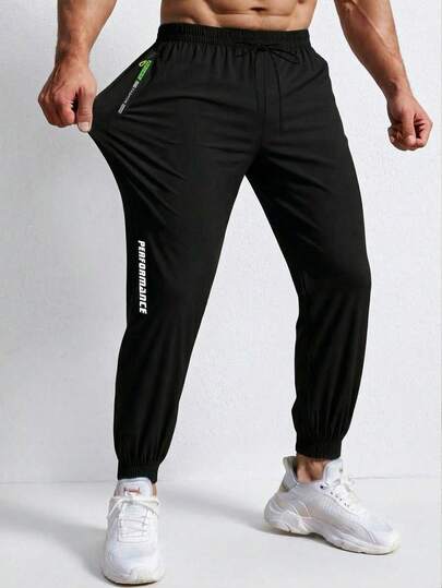 Pantalones deportivos para hombres, cintura con cordón, cintura elástica, bolsillos con cremallera, adecuados para primavera y verano, color negro