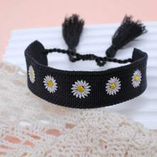 1pc Handmade Embroidered Chrysanthemum Tassel Bohemian Style Woven Bracelet, Vintage Charm, Suitable For Family, Friends, Students, Holiday Gifts, Parties, Traveling - Black - View 3