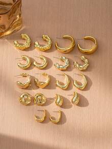 新款创意个性化水滴耳环，欧美风C形几何编织金四叶花CCB耳环套装，女士款 - 金色 - 查看 5