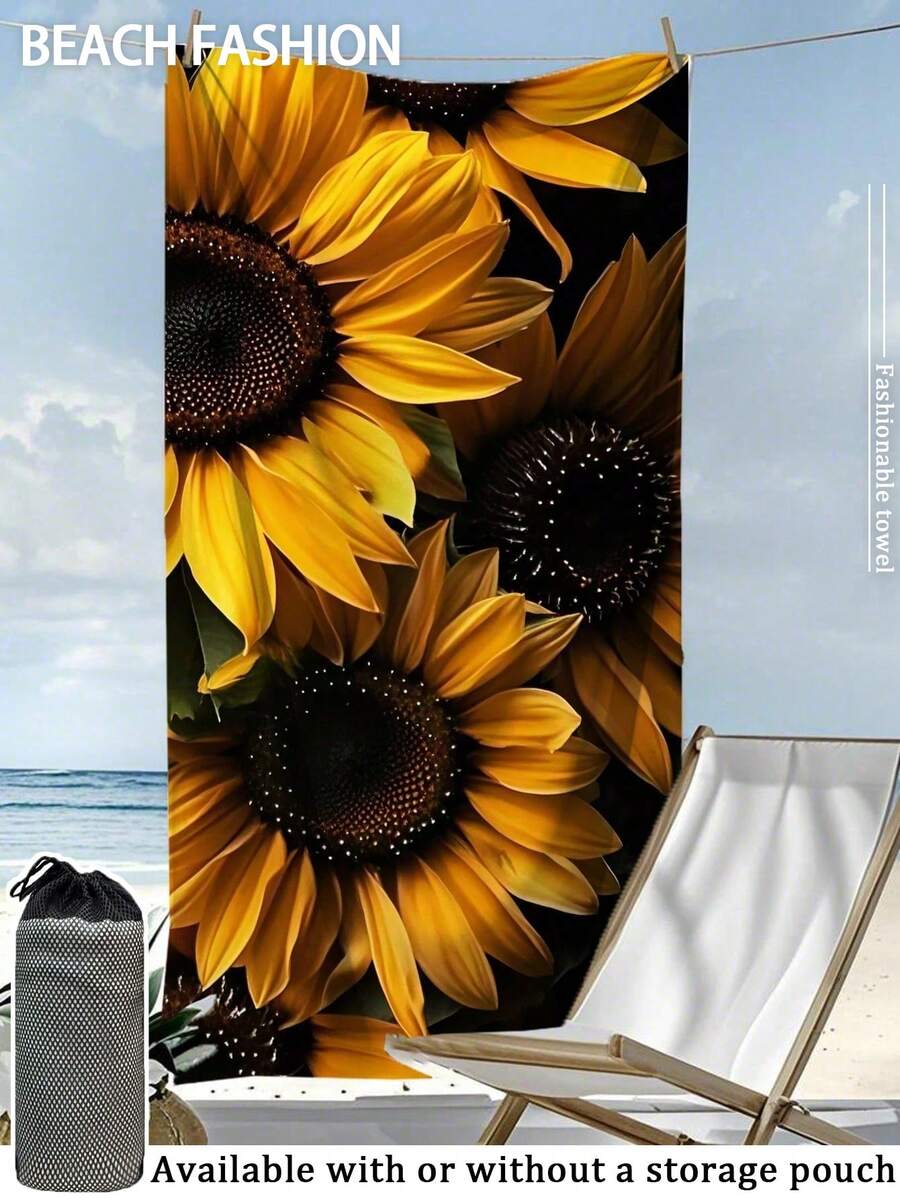 [250gsm Ultra-Soft Quick-Dry] 70*140cm/90*180cm Sunflower Floral Print Beach Towel, High Absorbency Portable Swimming Towel, Bathroom Decor, Suitable For Summer Beach, Swimming, Travel, Camping, Fitness - Sunflower - View 1