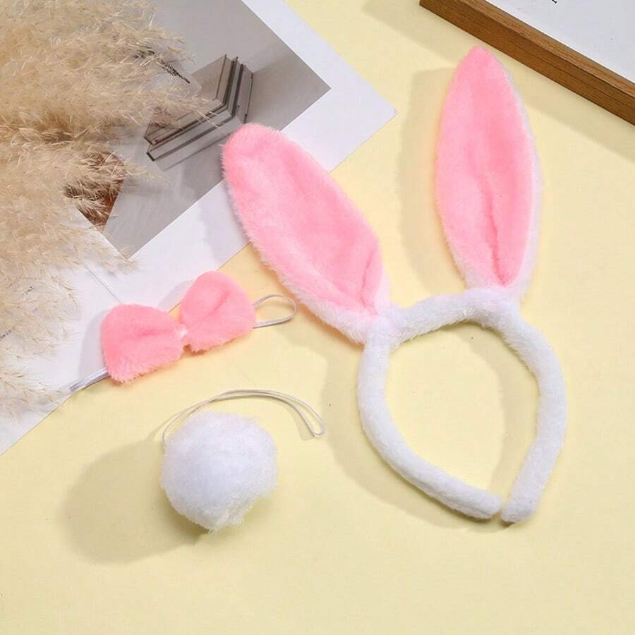 Cute Bunny Ears Headband & Tail Set - Fluffy Rabbit Costume For Easter Party - Pink - View 1