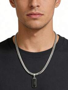 时尚男士黑色宝石吊坠项链，不锈钢扁平链，嘻哈风格首饰，欧美风格首饰，派对配饰，派对首饰，男友礼物，情人节礼物，父亲节礼物 - 彩色 - 查看 3