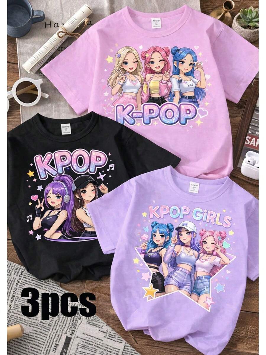 Set de 3 camisetas de manga corta de ajuste holgado con cuello redondo para niñas, con estampado de corazón y letras, diseño sencillo y casual, versátiles para el verano - Negro - Ver 1