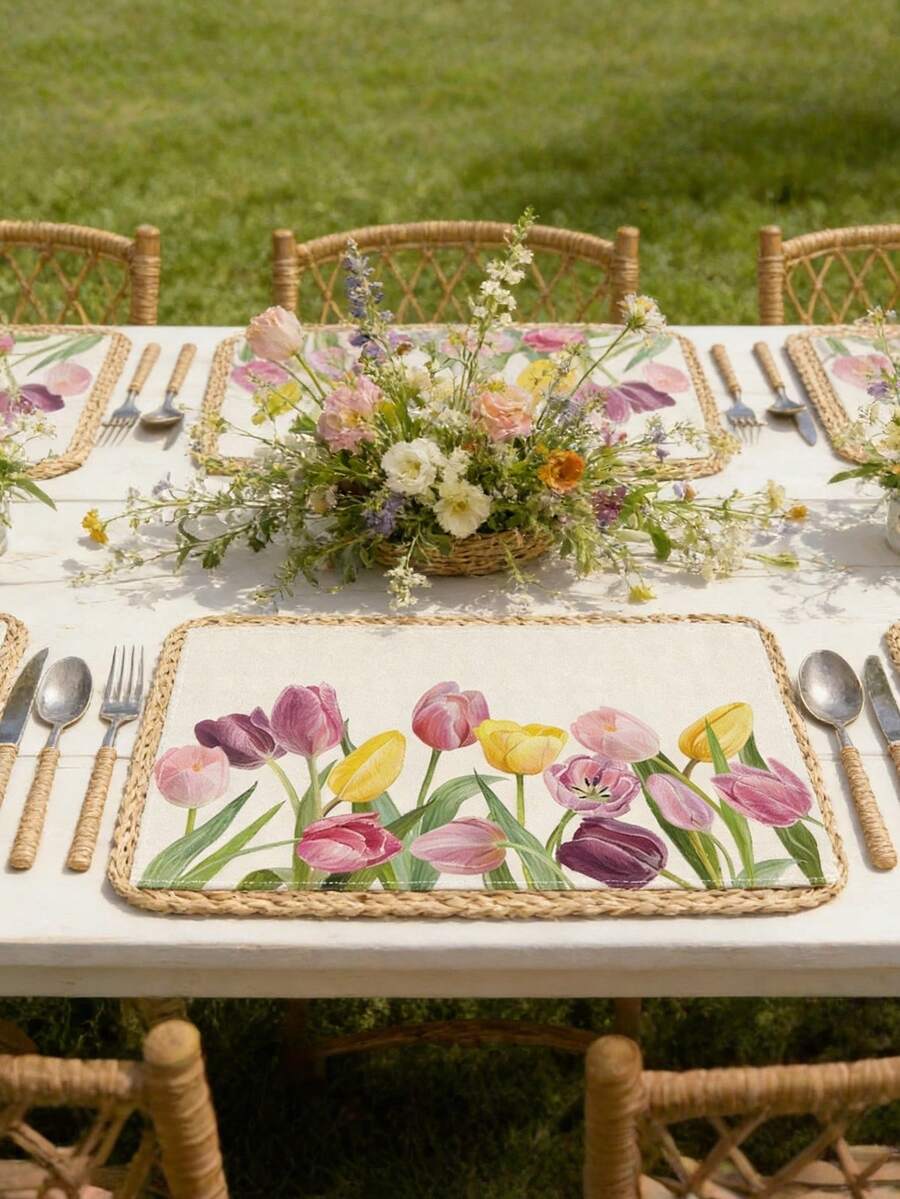 1/4pcs Vibrant Tulip Placemats - Modern Dutch Floral Design Multicolor Tulip Pattern, Washable Durable Tabletop Protector For Kitchen, Dining Table, Party Decor - Decorative Rectangular Placemats - Minimalist Tulip Floral Pattern, Non-Slip Heat-Resistant, Kitchen Table Mats, Coffee Mats Home Accessories - Holiday Party Decoration