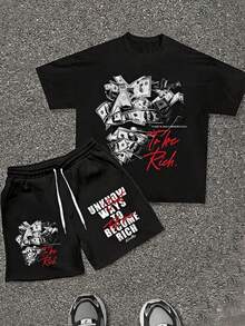 (Two-Piece Set) Crew Neck 180g Pure Cotton Short-Sleeved T-Shirt And Shorts Set. The T-Shirt Features A Streetwear Graphic And Letter Design. Paired With Drawstring Polyester Shorts, It Creates A Breathable And Comfortable Summer Casual Look. - 黑色+黑色 - 查看 1