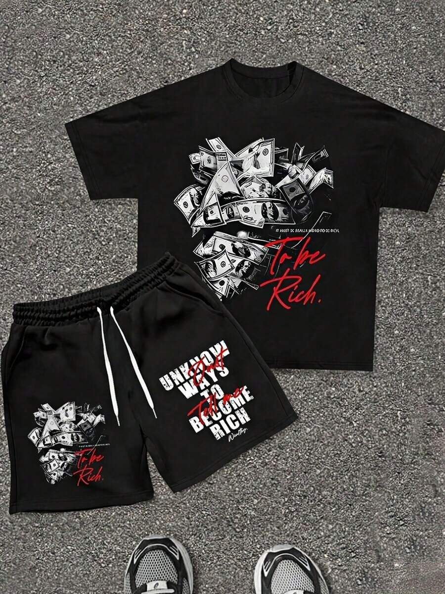 (Two-Piece Set) Crew Neck 180g Pure Cotton Short-Sleeved T-Shirt And Shorts Set. The T-Shirt Features A Streetwear Graphic And Letter Design. Paired With Drawstring Polyester Shorts, It Creates A Breathable And Comfortable Summer Casual Look. - 黑色+黑色 - 查看 1