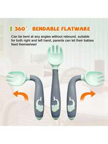 Set de 2 cucharas y tenedores para niños, adecuado para alimentación y entrenamiento - Cuchara y tenedor flexibles 360° con caja de almacenamiento - Verde - Ver 4