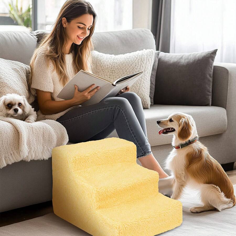 3-Step Pet Stairs For Bed 45*35*30cm – Non-Slip Dog Steps With Washable Plush Cover, Pet Ladder For Small Dogs & Cats - Beige - View 1
