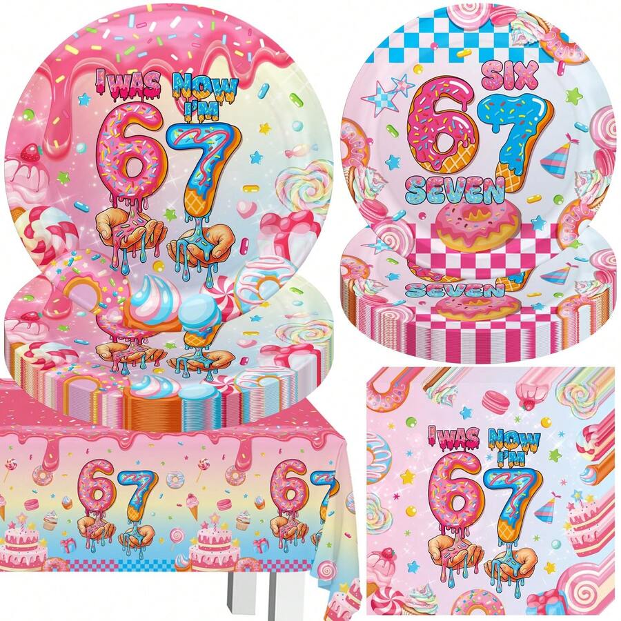 10/20/40pcs 6-7 Years Old Birthday Decorations, Including 7-Inch And 9-Inch Dessert Paper Plates With "6 To 7" Printed Donut Pattern In Pink And Blue, Suitable For 7th Birthday, Game Parties And Celebration - View 1