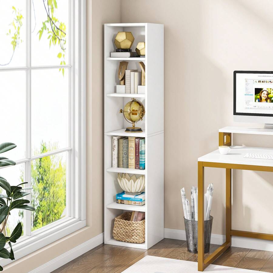 LITTLE TREE 70.9 Inch Tall Narrow Bookcase, Modern White Corner Bookcase With Storage, 6 Tier Cube Display Shelves For Home Office (1) - 白色 - 查看 1