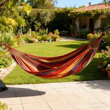 Heavy Duty Woven Rope Hammock, Sturdy Anti-Tipping Design, Suitable For Adults And Children Outdoor Leisure Use, Beautiful Blue-Green Striped, Soft Texture, Perfect For Backyard Napping, Vacation Atmosphere, Outdoor Furniture, Holiday Essential, Gardening, Sensory, Camping Gear - Multicolor - View 6