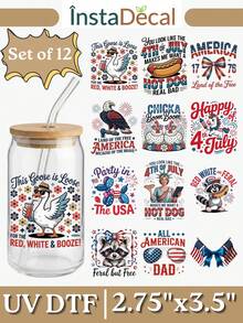 12 Stück patriotische UV DTF Becher Umhüllungen für Libbey Gläser, 4. Juli Unabhängigkeitstag Transferfolien, amerikanische Flagge & Weißkopfseeadler wasserfeste Aufkleber für DIY Tumblers, 2,75x3,5 Zoll - USA 05 - Übersicht 7