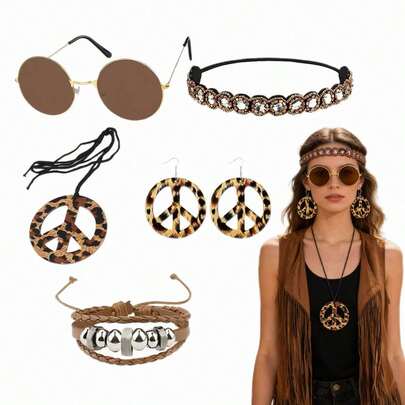 6件套1960年代嬉皮士服装配饰套装，和平标志耳环、项链、手链、头饰、眼镜，角色扮演道具服装装饰