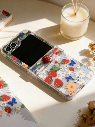 Cute 3D Strawberry Cherry Polka Dots Butterfly Flower Pattern Folding Phone Case Compatible With Samsung Galaxy Z Flip 7 ZFlip6 Zflip5 Zflip4 Zflip 3 5G Lovely Summer Fruit Floral Anti-Drop Protect PC Hard Back Cover