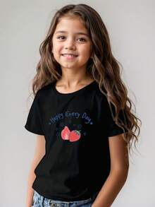 Girls' Soft & Comfy Cotton Blend Crew Neck T-Shirt with Fun "Happy every Day" Strawberry Print -  Casual Summer Top for Youngsters, Casual Wear | Youngsters Fashion | Comfortable Fit - nero - Visualizzare 1