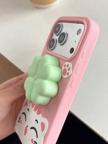 1pc Cute Cat & Four-Leaf Clover 3D Stand Phone Case, Compatible With IPhone 17 Pro Max, 16, 15, 14, Soft Silicone Creative Phone Protective Cover For Women - Pink - View 4