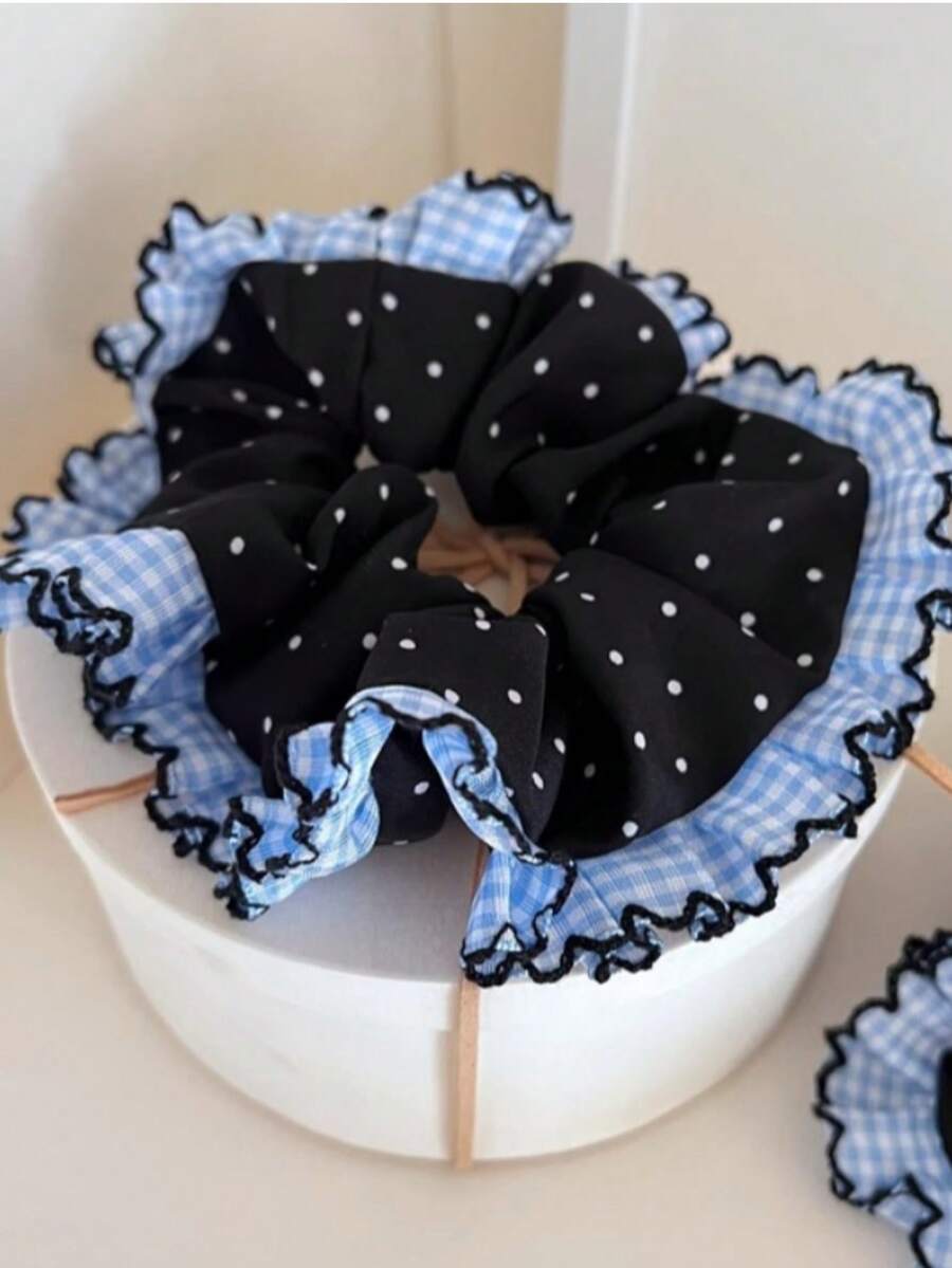 1 pieza Scrunchie de pelo con volantes de estilo artístico a lunares y cuadros, Scrunchie elástico grande de lunares y cuadros con volantes para el cabello de mujer, Accesorio de pelo con cuerda de goma para coleta - Azul - Ver 1