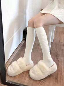 1Pairs Women Calf Socks, Sexy Knee High Socks, Solid Color Long Boot Socks For Spring, Summer, Autumn, Warm Calf Socks, Fall - White 36-39 - View 4