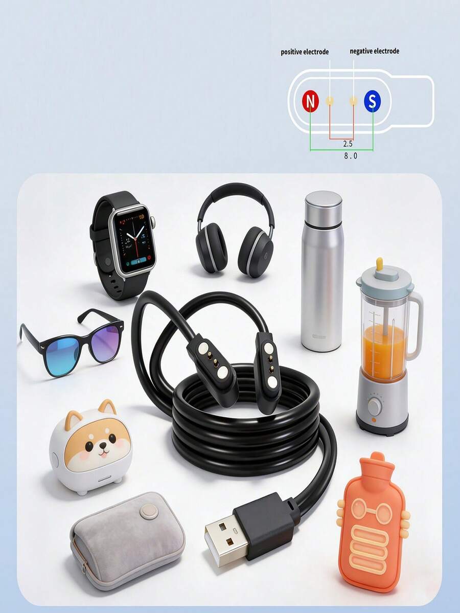 2針 2.5mm 間距 1分2 磁吸充電線 通用智慧耳機/果汁杯 雙頭充電器 - 查看 1