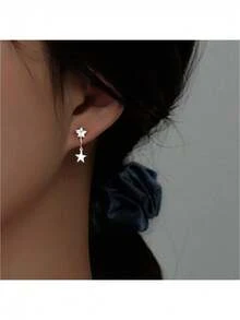 925 Silver Star & Moon Clip-On Earrings, Asymmetric Design, Star & Moon Shape, No Piercing Required, Cubic Zirconia Accents, Suitable For Women - Silver - View 7