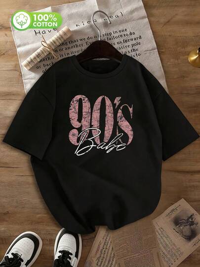 Women's 90s Retro Printed T-Shirt - Vintage Big Letter Graphic Casual Short Sleeve Round Neck Washed Top, Suitable For All Seasons, Machine Washable Comfortable, Loose Fit, Interesting Design, Cotton Fabric, Suitable For Daily Wear, Street Style, 100% Cotton Black