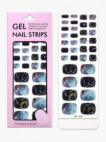 34Pcs Spring/Summer Blue Black Marble Pattern UV Free Gel Toe Nail Strip,Silver Glitter Golden Foil Personalized Light Luxury Style Style Toe Nail Stickers, Self-Adhesive Easy To Apply,Suitable For Women And Girls Home DIY Manicure - Dusty Blue - View 3