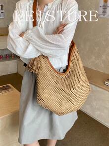 1pc FEISTURE Women's Tassel Woven Beach Bag, Casual Shoulder Bag For Summer Vacation - Khaki - View 5