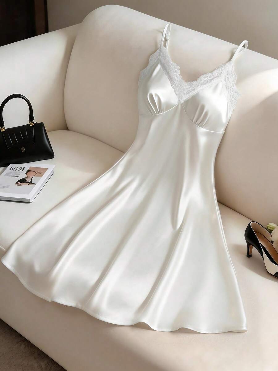 Áo ngủ satin nữ, áo ngủ cổ chữ V viền ren, đồ ngủ và đồ mặc nhà mềm mại, thanh lịch - trắng - Xem 1