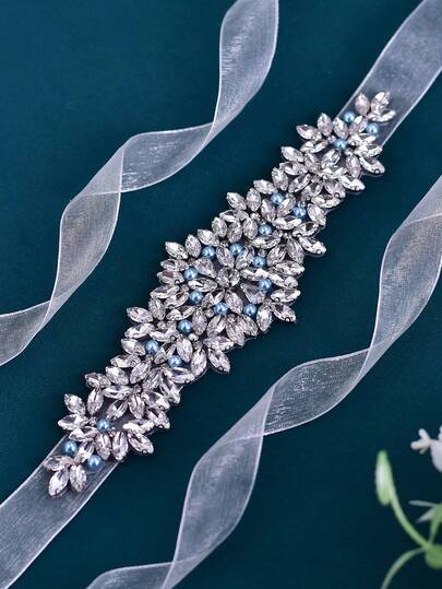 1pc Handmade Bridal Sash, French-Style Wedding Dress Belt, Rhinestone And Blue Beaded Belt, Women's Evening Gown Accessory