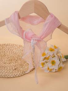 1条女士法式复古蝴蝶刺绣三角头巾发带，蕾丝边真丝围巾，适合夏季海滩和日常穿搭，可用于系包包或发带 - 淺藍色 - 查看 5