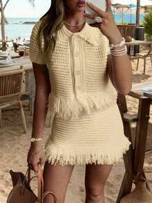 [] Hot New Arrivals Y2K Women's 2 - Piece Crochet Knit Set: Short Sleeve Button Top + Fringe Hem Skirt, Boho Cocktail Parties & Night Outs,Fall Outfits Women Spring - 黃色 - 查看 2
