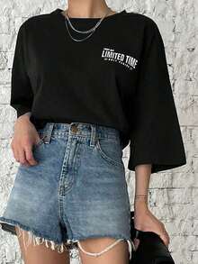 Oversized Summer T-Shirt With Letter Graphic On Dropped Shoulders - Black - View 5