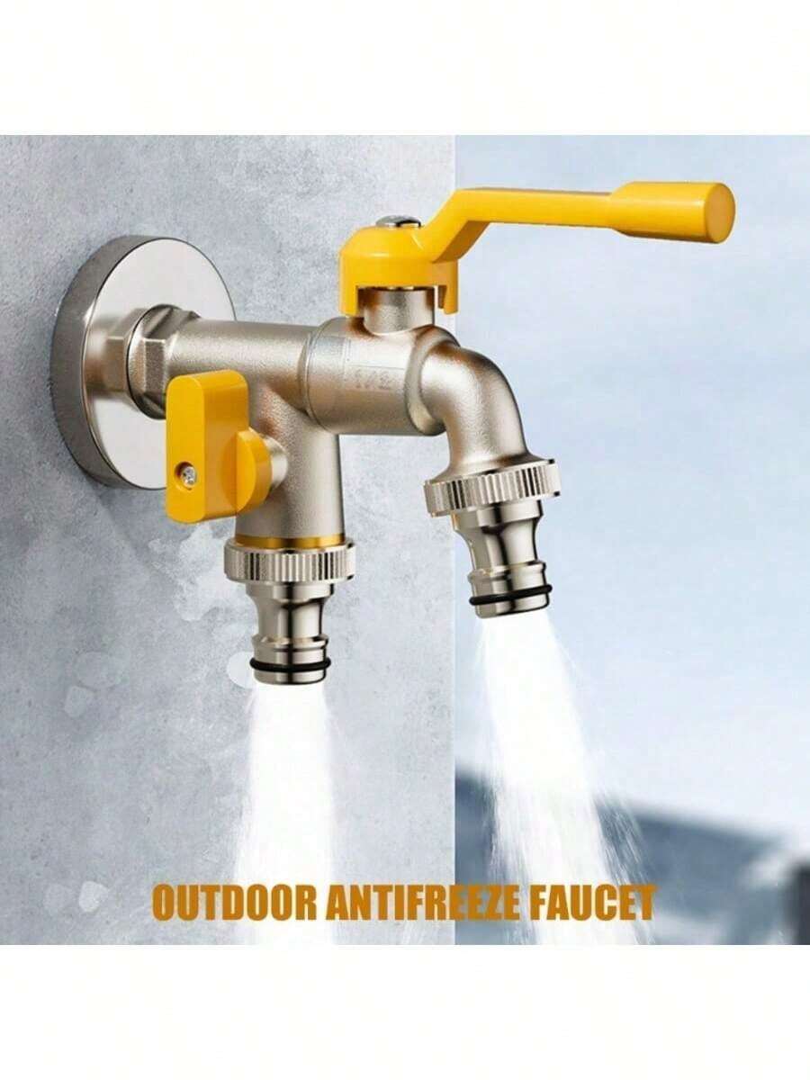 Thickened Outdoor Faucet Frost Protection, Yard Garden 1 Inlet 2 Outlet Outdoor Home Single Cold Quick Connect Double Spigot