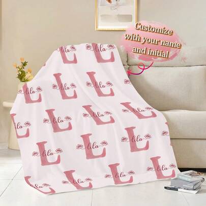 1pc Customized Initial Letter & Pink Rose Allover Print Soft Flannel Blanket, Personalized Name & Letter Design, Thoughtful Gift For Family And Friends