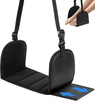 Airplane Foot Hammock With Removable Base &Amp; Memory Foam - Wide Hardboard Support No-Collapse Foot Rest For Long Flights, Office, Travel - Thickened Design Relieves Foot Pain (Black, Travel Essentials)