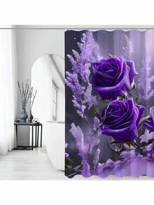 1/4件装薰衣草和2朵玫瑰花卉浪漫印花艺术派对装饰浴帘，酒店公寓浴室浴帘套装包含浴帘、防滑垫、马桶盖套、浴垫和12个塑料挂钩，浴室干湿分离帘，家居必备 - A - 查看 6