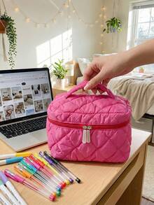 Bolsa de maquilhagem elegante com fecho de correr suave de 2 vias, grande capacidade, bolsa de maquilhagem com fecho de correr para artistas de maquilhagem, mulheres, estudantes universitárias, organizador de viagem acolchoado estético para casa de banho, penteadeira, bolsa de maquilhagem, armazenamento de essenciais de penteadeira, armazenamento de maquilhagem - Multicolorido - Ver 8