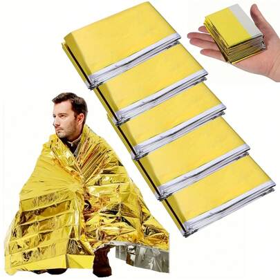 5 piezas Mantas térmicas de emergencia, mantas de supervivencia para camping, mantas de aluminio de emergencia, empaquetadas individualmente, adecuadas para maratón, viajes al aire libre, senderismo, supervivencia de emergencia o primeros auxilios, equipo de refugio para clima frío extremo, ligero y portátil, esencial para senderismo y camping, opción ideal para desastres naturales, primeros auxilios al aire libre y rescate