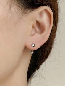 925纯银心形螺丝耳环，圆形珠钩设计，简约女士耳饰 - 白色 - 查看 4