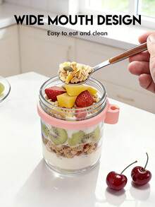 16oz/500ml [1/2 Gói] Yến Mạch Ngâm Chua Trong Hũ Thủy Tinh Có Nắp Có Thìa, Hộp Yến Mạch Kín Có Vạch Đo, Hộp Ngũ Cốc Di Động - Hồng/1 cái - Xem 5