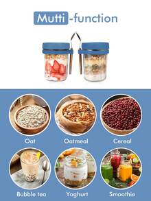 500毫升/16盎司（半罐装）隔夜燕麦梅森罐，带勺盖，密封燕麦片容器，带刻度，便携式谷物罐 - 藍色/1pcs - 查看 8