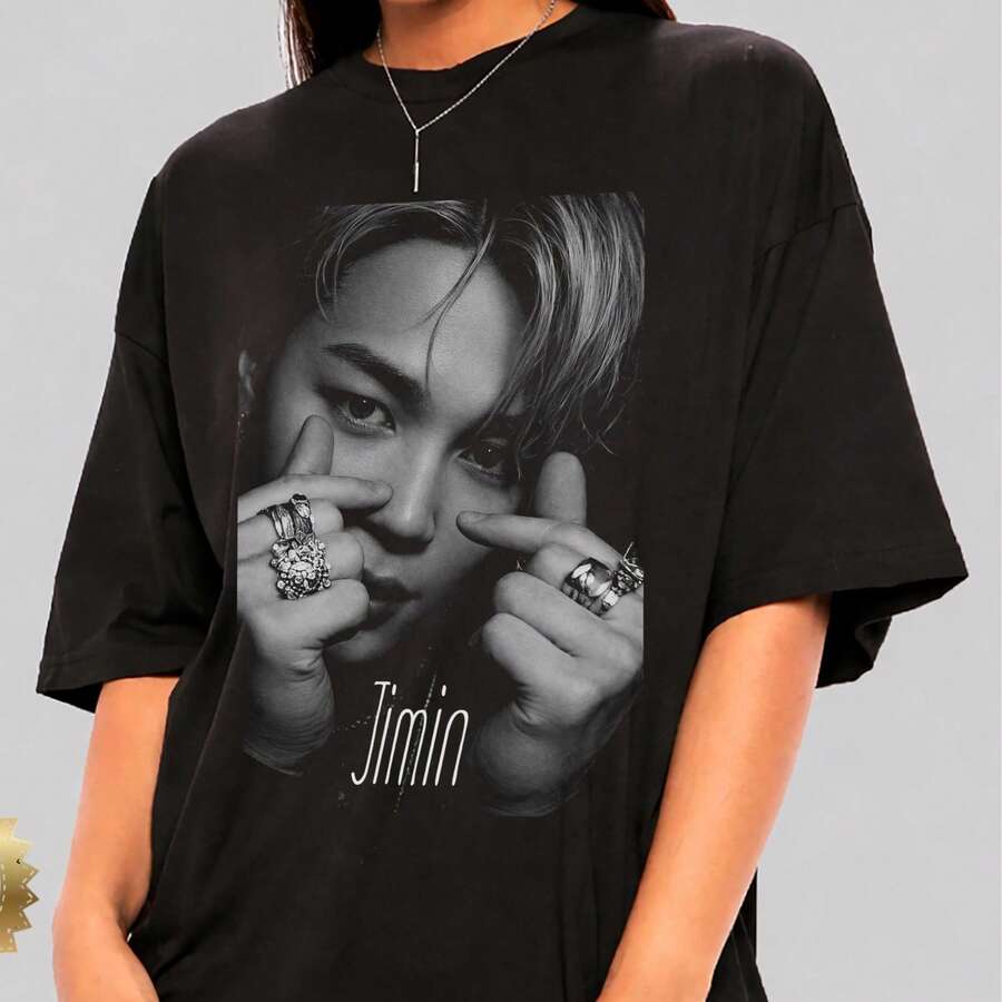 Jimin Shirtblack And White ShirtKorean Pop Aesthetic Streetwearbts Jersey Jimin For Fansbts Jimin ShirtIdol GraphicJimin - 黑色 - 查看 1