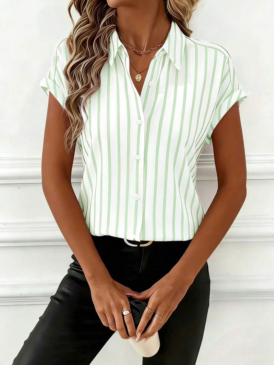 Women's Elegant Polyester Short Sleeve Collared Button Striped Print Shirt/Blouse, Regular Fit, Suitable For Spring/Summer, Daily, Work, Party, Travel, Fashionable & Versatile