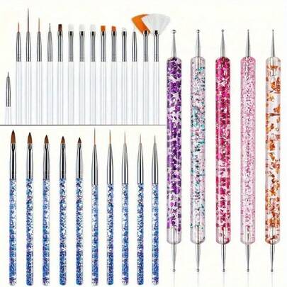 30 piezas Juego de pinceles de arte de uñas, herramienta de punteado de doble extremo, pintura de gel UV acrílico, herramientas de diseño de manicura con abanico plano para decoraciones de uñas