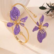 New Arrival Purple Enamel Openable Bangle, Gradient Floral Plated Gold Arm Cuff, Unique Design Jewelry Accessory - Purple Flowers - View 3