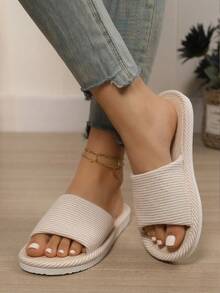 秋冬女士亚麻室内拖鞋，夏日小屋防滑加厚亚麻平底凉鞋，软底，毛绒拖鞋 - 白色 - 查看 2